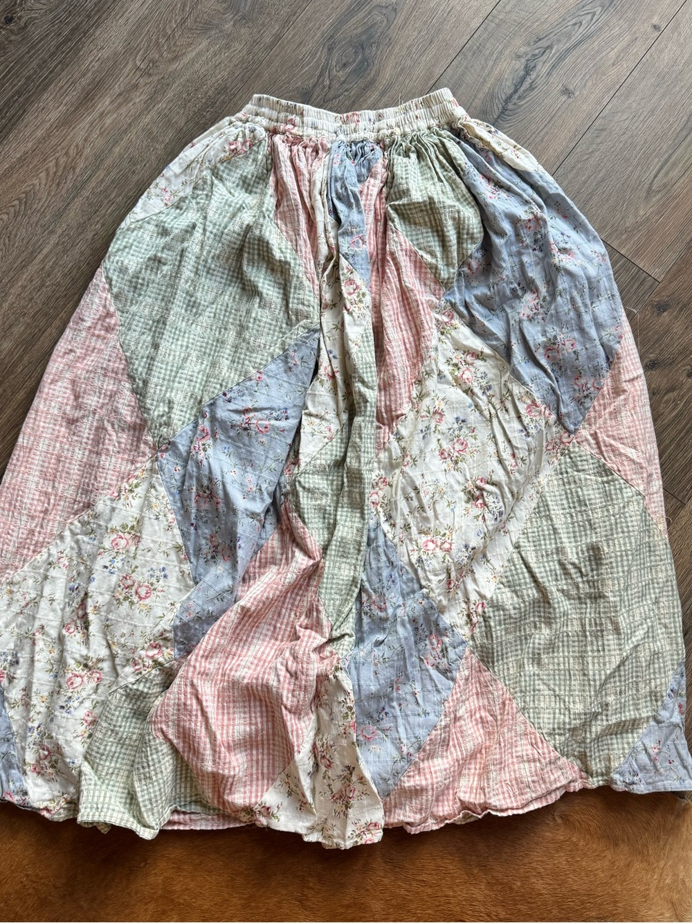 Vintage Willow Patchwork Maxi Skirt in Pastel Pink, Blue & Cream